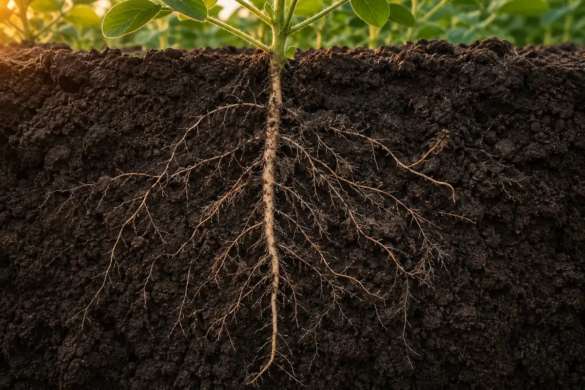 Sistema radicular de planta jovem em perfil de solo
