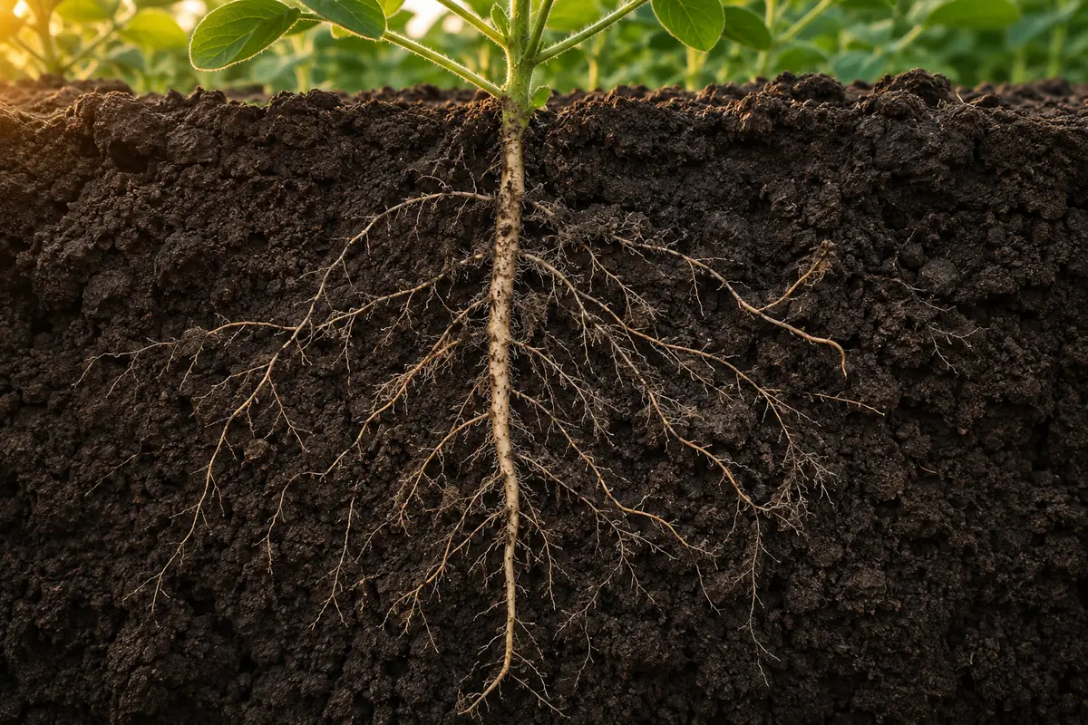 Sistema radicular de uma planta jovem de soja em corte de solo