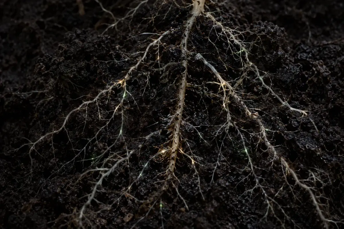 Solo e raízes representando o contexto de substâncias húmicas na agricultura