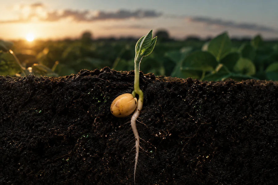 Semente de soja em germinação e início do desenvolvimento radicular
